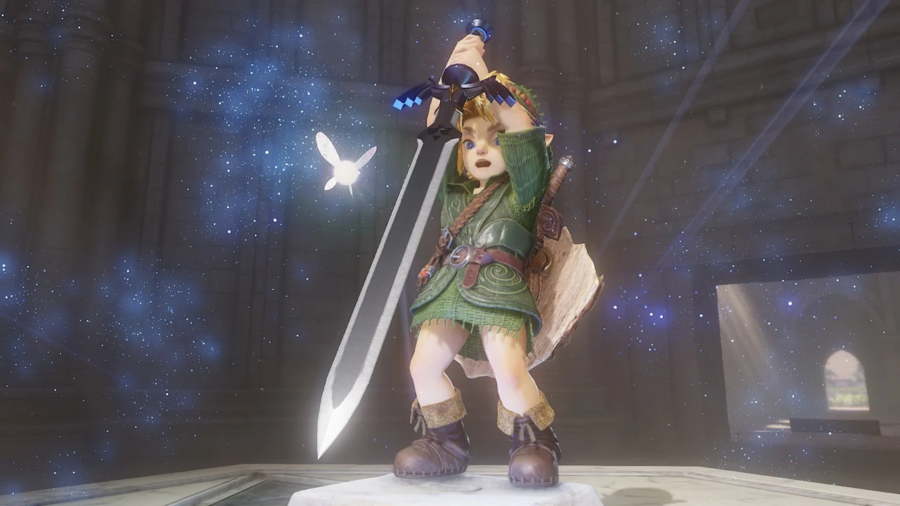 Link levantando la Master Sword en el Templo del Tiempo — The Legend of Zelda: Ocarina of Time para Nintendo Switch 2